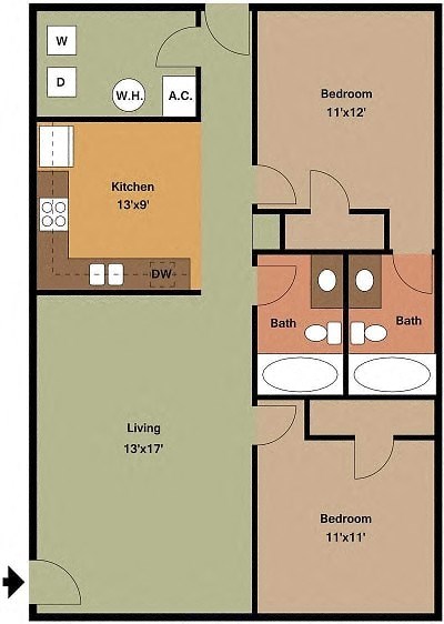 2 bed 2 bath Woodward Floor Planat Serene at Creekstone Apartments, Athens, GA, 30601